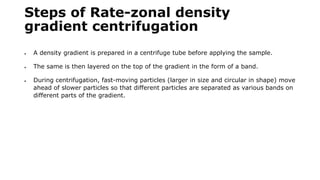 Steps of Rate-zonal density
gradient centrifugation
 A density gradient is prepared in a centrifuge tube before applying the sample.
 The same is then layered on the top of the gradient in the form of a band.
 During centrifugation, fast-moving particles (larger in size and circular in shape) move
ahead of slower particles so that different particles are separated as various bands on
different parts of the gradient.
 