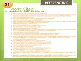 Works Cited List all sources used in this slideshow.
 http://www2.nkfust.edu.tw/~emchen/CLit/study_elements.htm
 https://www.google.com.ph/search?q=example+of+a+protagonist+in+divergent&biw=1366&bih=667&source=lnms
&tbm=isch&sa=X&ei=SlefVdLEJoH2yQSqiYzwDA&sqi=2&ved=0CAYQ_AUoAQ#imgrc=6TCP7lg7h9e4MM%3A
 https://en.wikipedia.org/wiki/Antihero
 http://mybigredbag.com/lady-badass-in-search-of-the-female-antiheroine/
 http://dictionary.reference.com/browse/tragic%20hero
 https://www.google.com.ph/search?q=hamlet&biw=1366&bih=667&source=lnms&tbm=isch&sa=X&ei=XFufVa78G8
SiyAS4g7iADA&ved=0CAYQ_AUoAQ#imgrc=4Kwd4f8eFi0VfM%3A
 https://en.wikipedia.org/wiki/Caricature
 http://www.thefreedictionary.com/Literary+antagonist
 http://soulcalibur.wikia.com/wiki/Darth_Vader
 http://literary-devices.com/content/nemesis
 https://www.google.com.ph/search?q=evil+lord+voldemort&biw=1366&bih=667&source=lnms&tbm=isch&sa=X&ei=
eGyfVY_tFs6ayATK9IGwBg&ved=0CAYQ_AUoAQ#imgrc=EACz3JlN8VbKxM%3A
 http://supernatural.wikia.com/wiki/Shapeshifters
 http://unrealitymag.com/movies/10-memorable-shapeshifters-from-film-and-television/
 http://study.com/academy/lesson/change-agent-definition-role-quiz.html
 https://www.google.com.ph/search?q=romantic+angle+definition&biw=1366&bih=667&source=lnms&tb
m=isch&sa=X&ei=jIefVZmqIYi8yQT2gYLYDQ&ved=0CAYQ_AUoAQ#imgrc=l7uAC3QXqhDItM%3A
 http://www.yourdictionary.com/sidekick
 http://www.merriam-webster.com/dictionary/mentor
 http://www.theshiznit.co.uk/feature/top-20-movie-mentors.php
 http://www2.nkfust.edu.tw/~emchen/CLit/study_elements.htm
 http://www.thefreedictionary.com/comic+relief
 http://disney.wikia.com/wiki/Kuzco
 http://www2.nkfust.edu.tw/~emchen/CLit/study_elements.htm
 http://gallery4share.com/f/flat-character-example.html
 http://www2.nkfust.edu.tw/~emchen/CLit/study_elements.htm
 https://www.superteachertools.net/speedmatch/speedmatchfromj.php?gamefile=1411454913#.VZ-Ws1-
qqko
 https://www.google.com.ph/search?q=snowman+in+frozen&biw=1366&bih=623&source=lnms&tbm=isch
&sa=X&ei=XZ2fVaKXFMqbyAT53Lm4DA&ved=0CAYQ_AUoAQ#imgrc=OvTGXdqc71vIbM%3A
REFERENCING
21
 