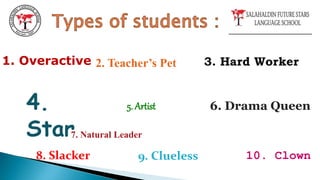 1. Overactive 2. Teacher’s Pet 3. Hard Worker
4.
Star
5. Artist 6. Drama Queen
7. Natural Leader
8. Slacker 9. Clueless 10. Clown
 