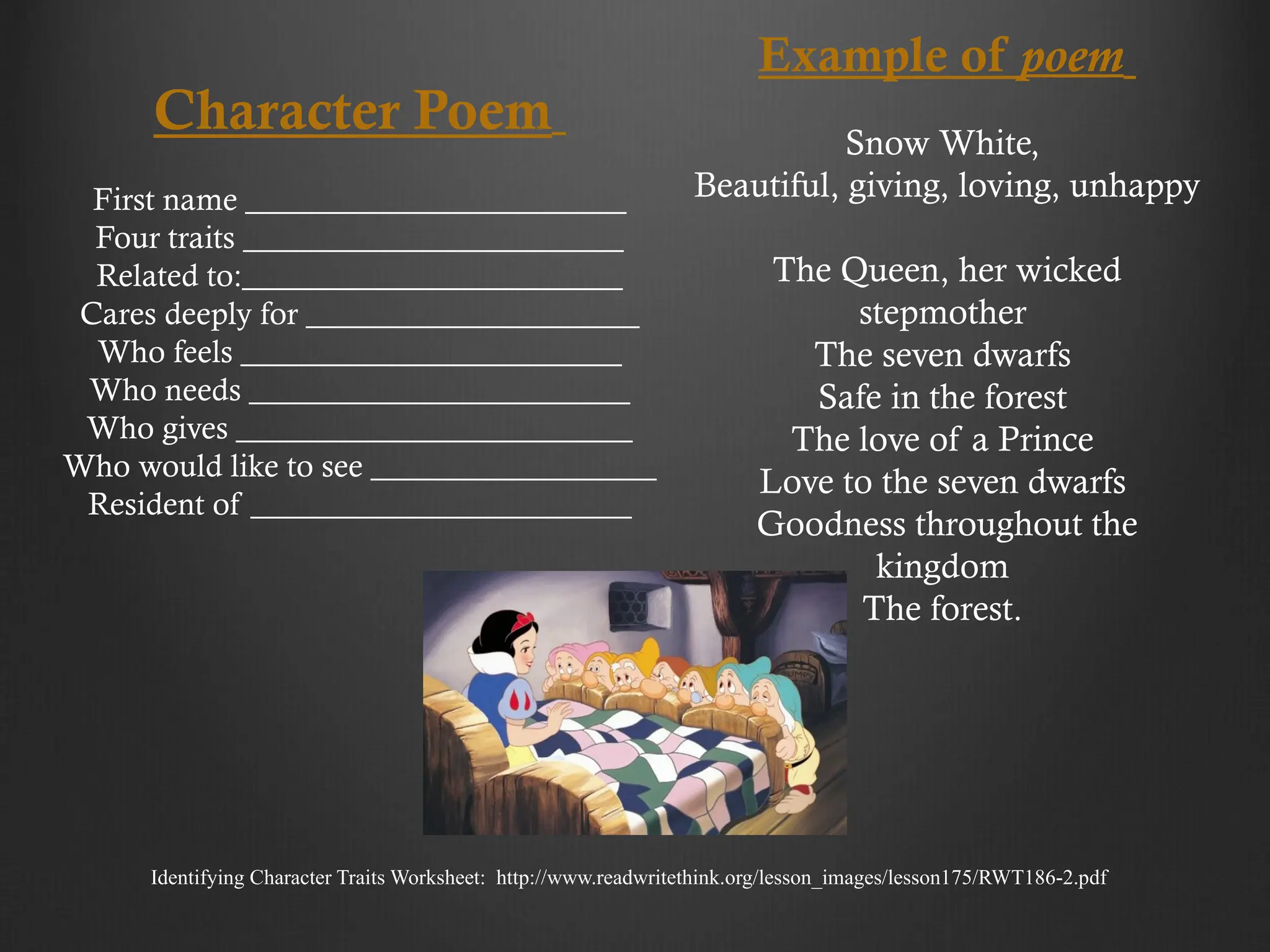 Identifying Character Traits Worksheet: http://www.readwritethink.org/lesson_images/lesson175/RWT186-2.pdf
Character Poem
First name ________________________
Four traits ________________________
Related to:________________________
Cares deeply for _____________________
Who feels ________________________
Who needs ________________________
Who gives _________________________
Who would like to see __________________
Resident of ________________________
Example of poem
Snow White,
Beautiful, giving, loving, unhappy
The Queen, her wicked
stepmother
The seven dwarfs
Safe in the forest
The love of a Prince
Love to the seven dwarfs
Goodness throughout the
kingdom
The forest.
 