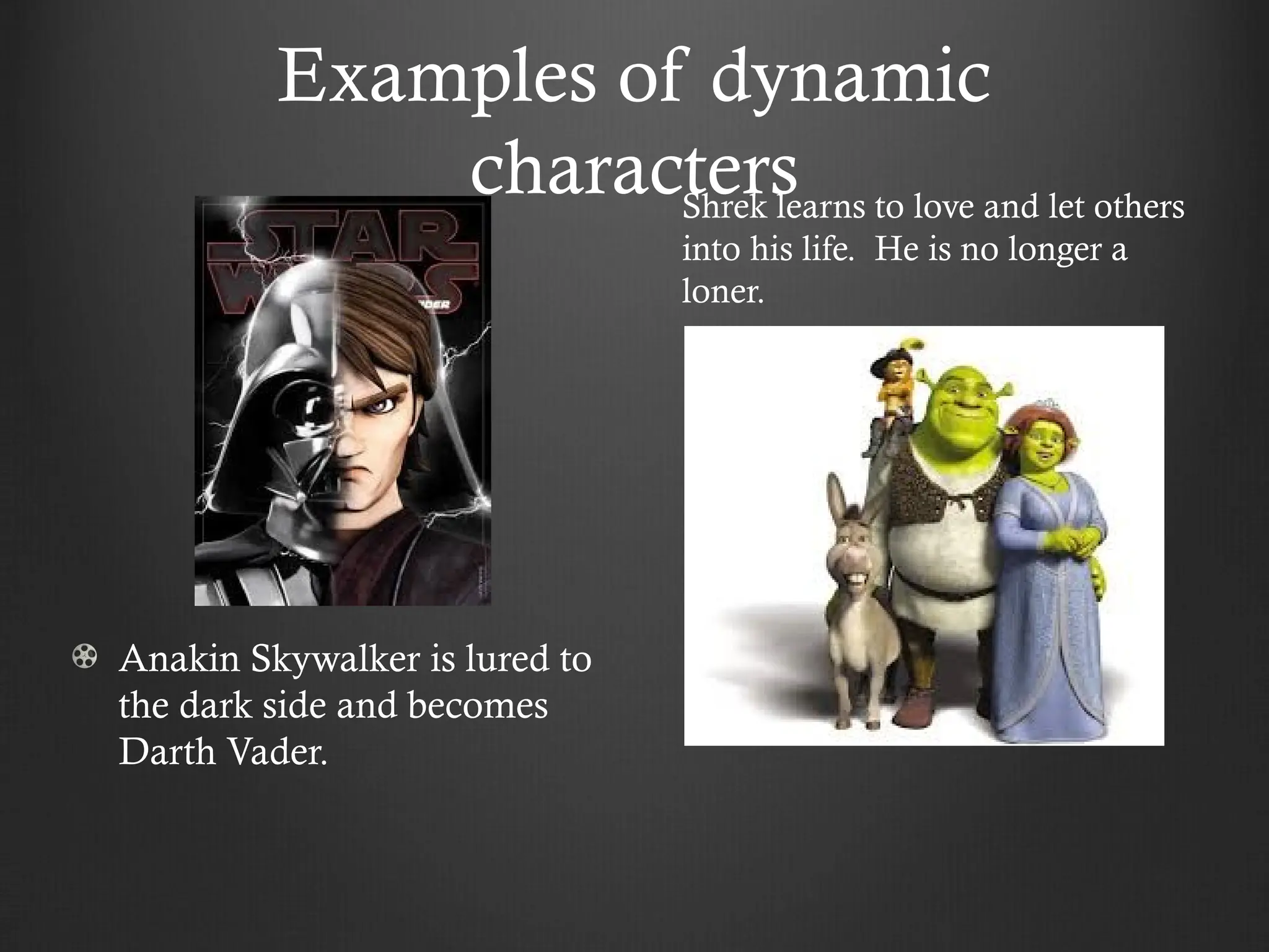 Examples of dynamic
characters
Anakin Skywalker is lured to
the dark side and becomes
Darth Vader.
Shrek learns to love and let others
into his life. He is no longer a
loner.
 