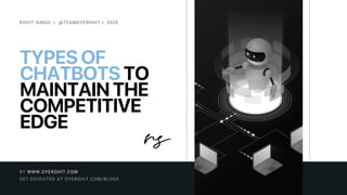 TYPES OF
CHATBOTS TO
MAINTAIN THE
COMPETITIVE
EDGE
ROHIT SINGH | @TEAMOYEROHIT | 2020
GET EDUCATED AT OYEROHIT.COM/BLOGS
BY WWW.OYEROHIT.COM
 