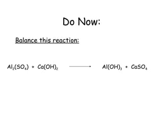 Do Now: Balance this reaction: Al 2 (SO 4 )  +  Ca(OH) 2   Al(OH) 3   +  CaSO 4 