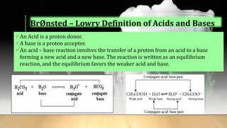 BrØnsted – Lowry Definition of Acids and Bases
✓An Acid is a proton donor.
✓A base is a proton acceptor.
✓An acid – base reaction involves the transfer of a proton from an acid to a base
forming a new acid and a new base. The reaction is written as an equilibrium
reaction, and the equilibrium favors the weaker acid and base.
 