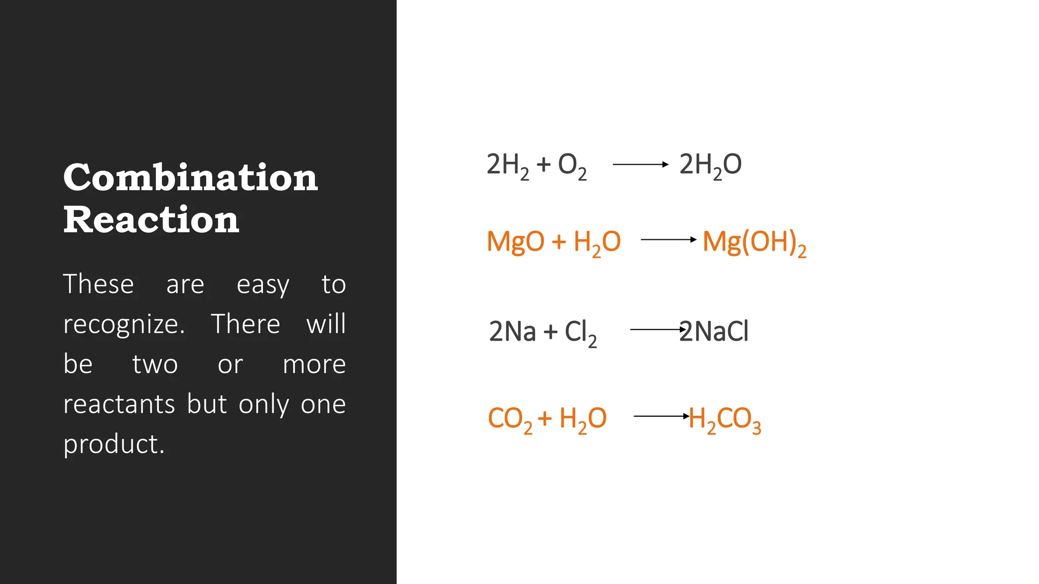 2H2 + O2 2H2O
Combination
Reaction MgO + H2O Mg(OH)2
These are easy to
recognize. There will
be two or more
reactants but only one
product.
2Na + Cl2 2NaCl
CO2 + H2O H2CO3
 