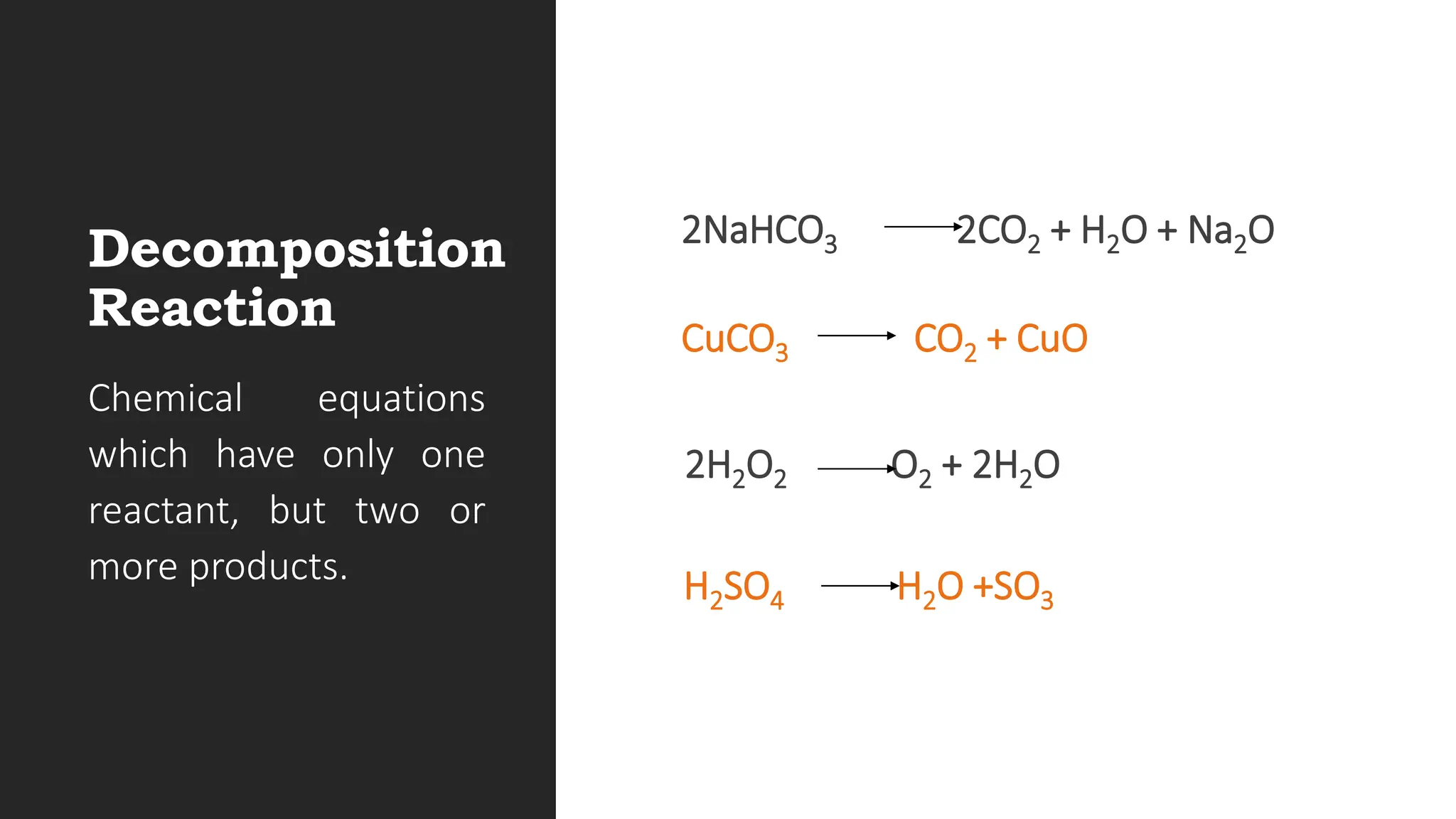 2NaHCO3 2CO2 + H2O + Na2O
Decomposition
Reaction CuCO3 CO2 + CuO
Chemical equations
which have only one
reactant, but two or
more products.
2H2O2 O2 + 2H2O
H2SO4 H2O +SO3
 
