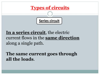 Types of circuits
Series circuit
In a series circuit, the electric
current flows in the same direction
along a single path.
The same current goes through
all the loads.
 