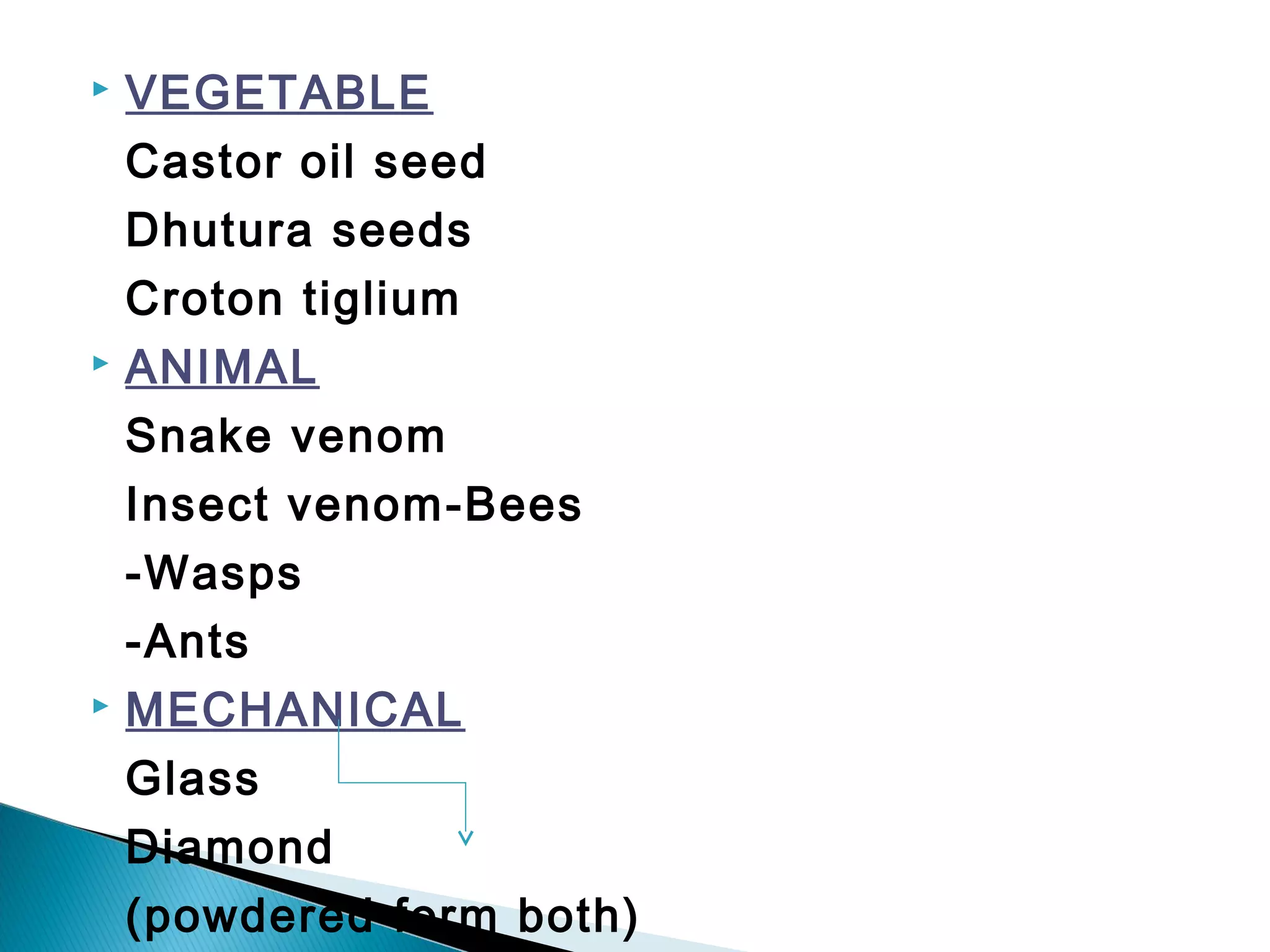  VEGETABLE
Castor oil seed
Dhutura seeds
Croton tiglium
 ANIMAL
Snake venom
Insect venom-Bees
-Wasps
-Ants
 MECHANICAL
Glass
Diamond
(powdered form both)
 
