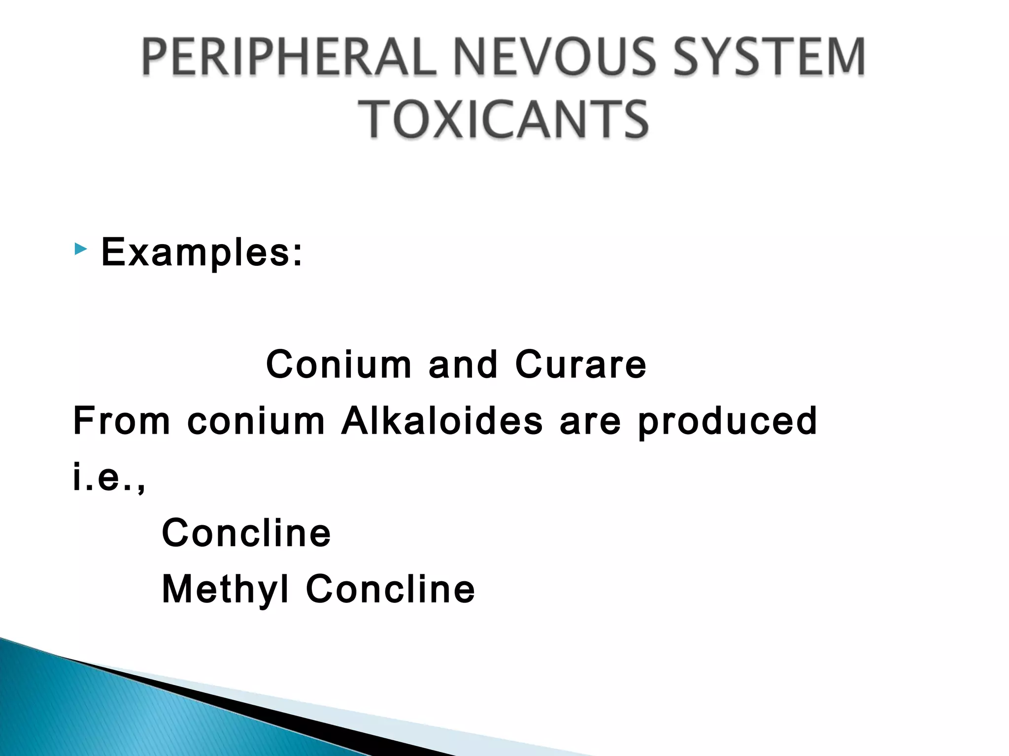  Examples:
Conium and Curare
From conium Alkaloides are produced
i.e.,
Concline
Methyl Concline
 