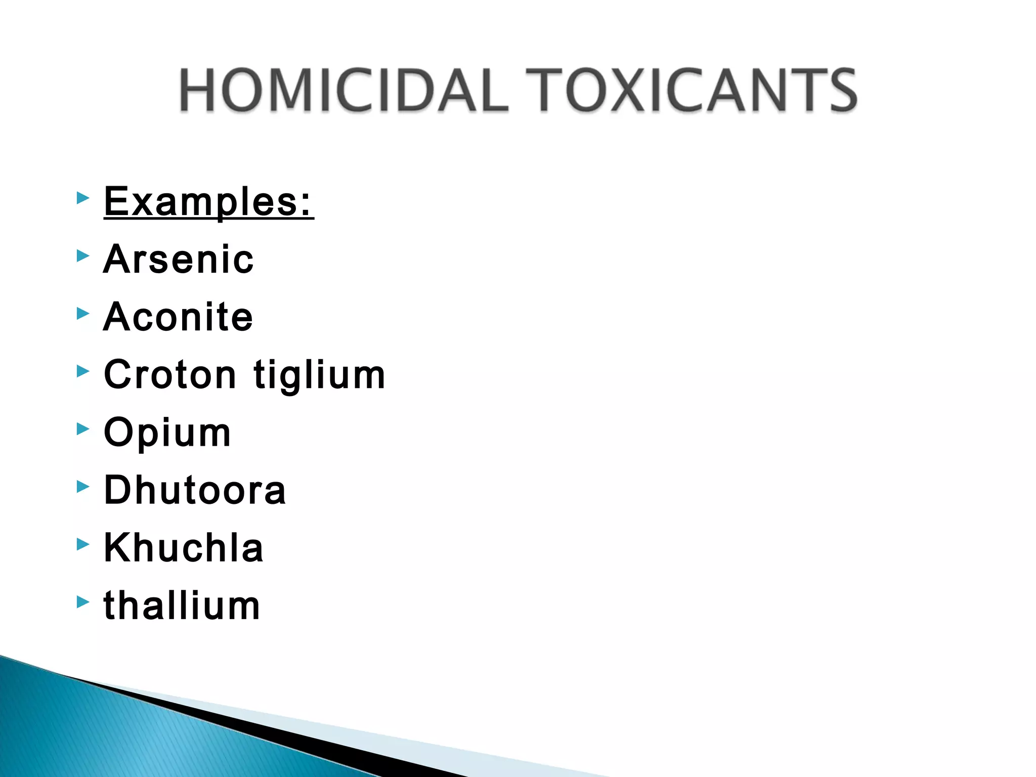  Examples:
 Arsenic
 Aconite
 Croton tiglium
 Opium
 Dhutoora
 Khuchla
 thallium
 
