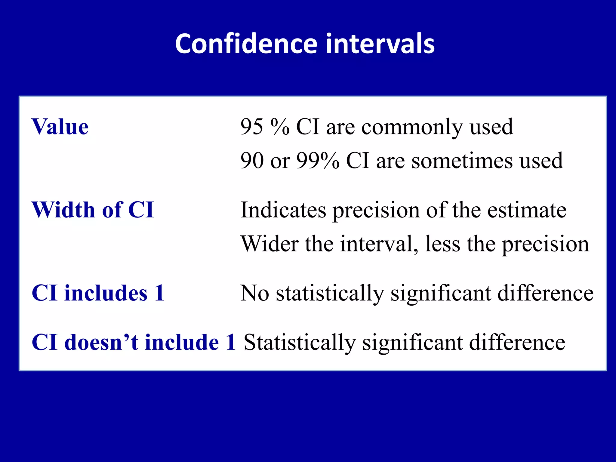 Confidence intervals
Value 95 % CI are commonly used
90 or 99% CI are sometimes used
Width of CI Indicates precision of the estimate
Wider the interval, less the precision
CI includes 1 No statistically significant difference
CI doesn’t include 1 Statistically significant difference
 