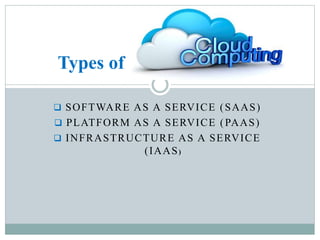  SOFTWARE AS A SERVICE (SAAS)
 PLATFORM AS A SERVICE (PAAS)
 INFRASTRUCTURE AS A SERVICE
(IAAS)
Types of cloud computing
 