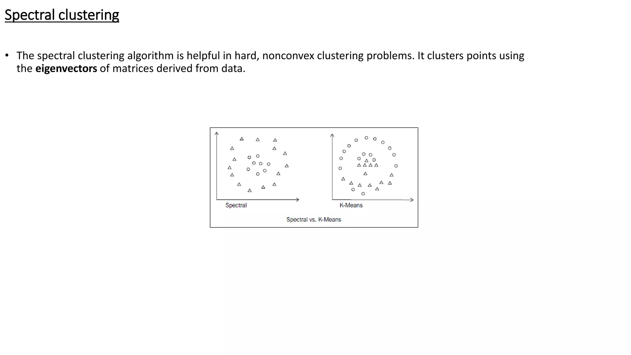Spectral clustering • The spectral clustering algorithm is helpful in hard, nonconvex clustering problems. It clusters points using the eigenvectors of matrices derived from data. 