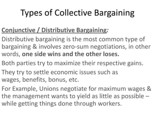 Types of Collective Bargaining
Conjunctive / Distributive Bargaining:
Distributive bargaining is the most common type of
bargaining & involves zero-sum negotiations, in other
words, one side wins and the other loses.
Both parties try to maximize their respective gains.
They try to settle economic issues such as
wages, benefits, bonus, etc.
For Example, Unions negotiate for maximum wages &
the management wants to yield as little as possible –
while getting things done through workers.
 