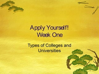 1
Apply Yourself!
Week One
Types of Colleges and
Universities
 