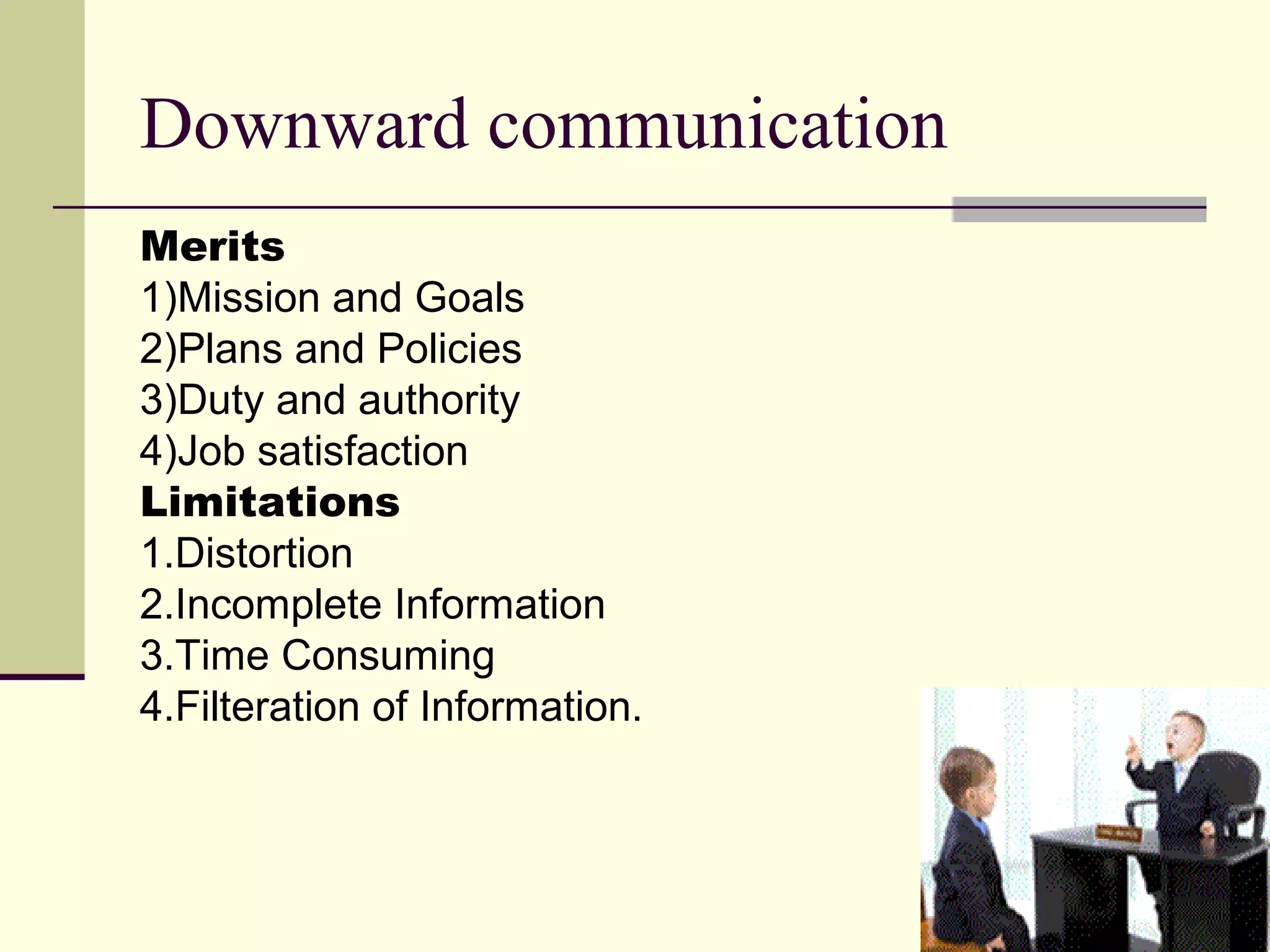 Downward communication
Merits
1)Mission and Goals
2)Plans and Policies
3)Duty and authority
4)Job satisfaction
Limitations
1.Distortion
2.Incomplete Information
3.Time Consuming
4.Filteration of Information.
 