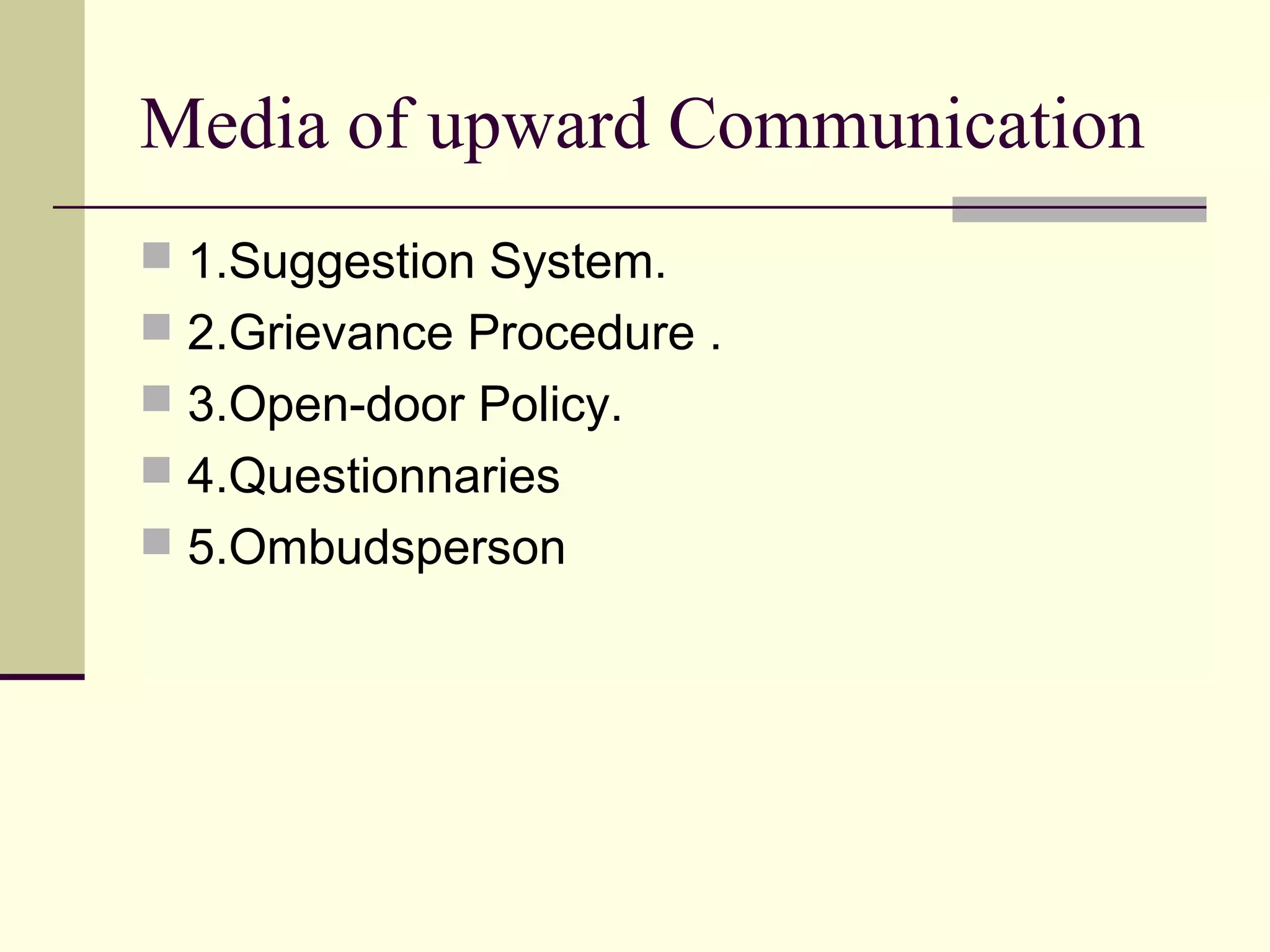 Media of upward Communication
 1.Suggestion System.
 2.Grievance Procedure .
 3.Open-door Policy.
 4.Questionnaries
 5.Ombudsperson
 