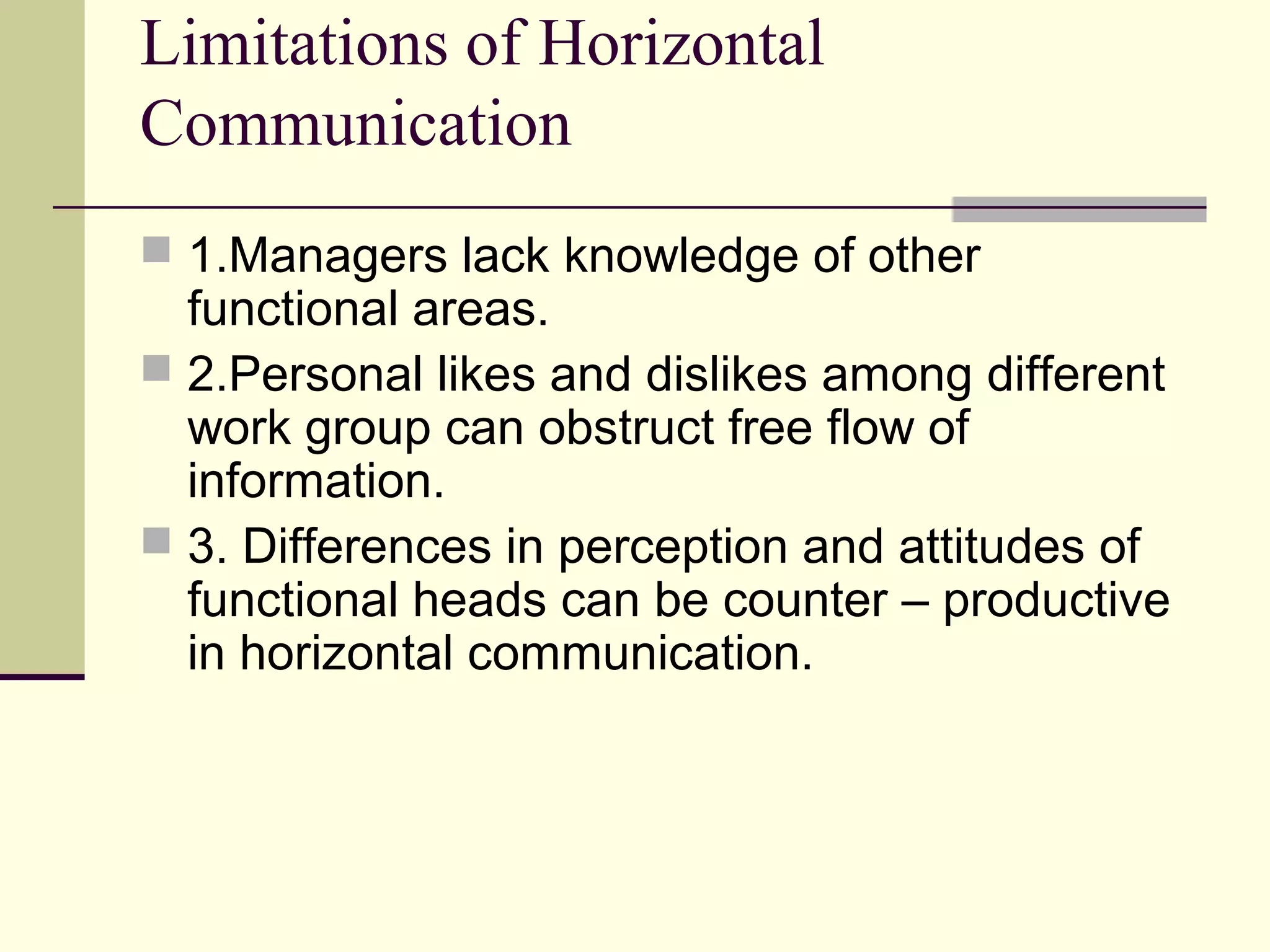 Limitations of Horizontal
Communication
 1.Managers lack knowledge of other
  functional areas.
 2.Personal likes and dislikes among different
  work group can obstruct free flow of
  information.
 3. Differences in perception and attitudes of
  functional heads can be counter – productive
  in horizontal communication.
 