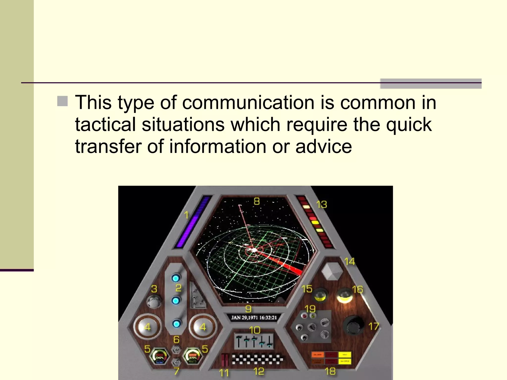  This type of communication is common in
  tactical situations which require the quick
  transfer of information or advice
 