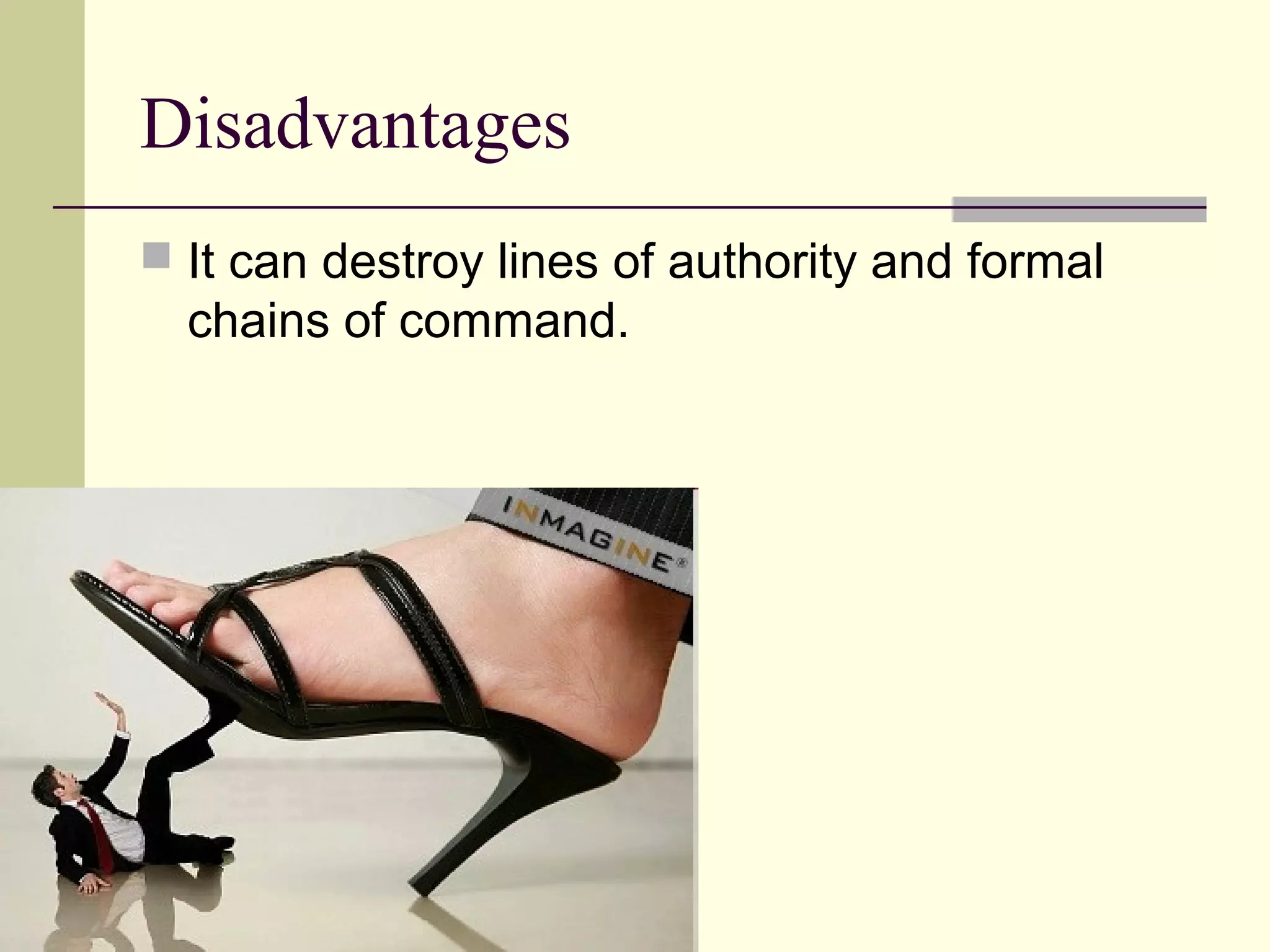 Disadvantages
 It can destroy lines of authority and formal
  chains of command.
 