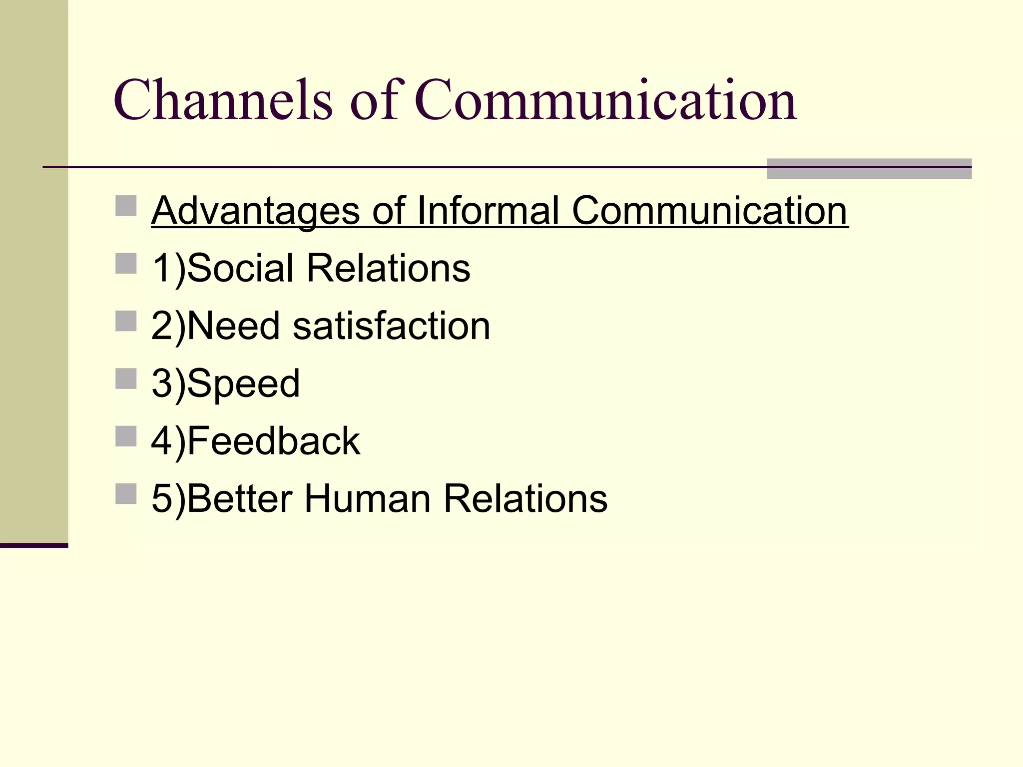 Channels of Communication
 Advantages of Informal Communication
 1)Social Relations
 2)Need satisfaction
 3)Speed
 4)Feedback
 5)Better Human Relations
 