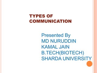 TYPES OF
COMMUNICATION


   Presented By
   MD NURUDDIN
   KAMAL JAIN
   B.TECH(BIOTECH)
   SHARDA UNIVERSITY
 