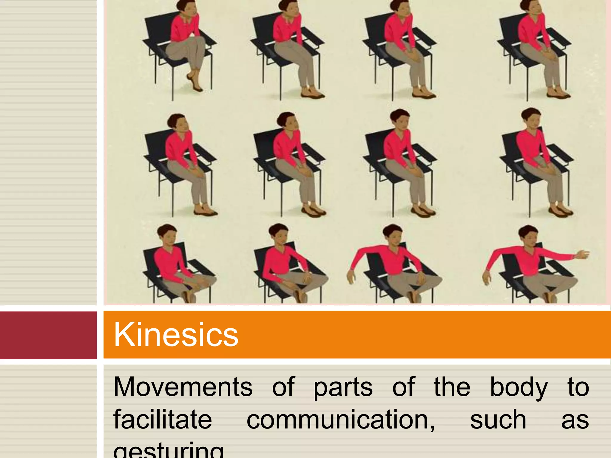 Movements of parts of the body to
facilitate communication, such as
Kinesics