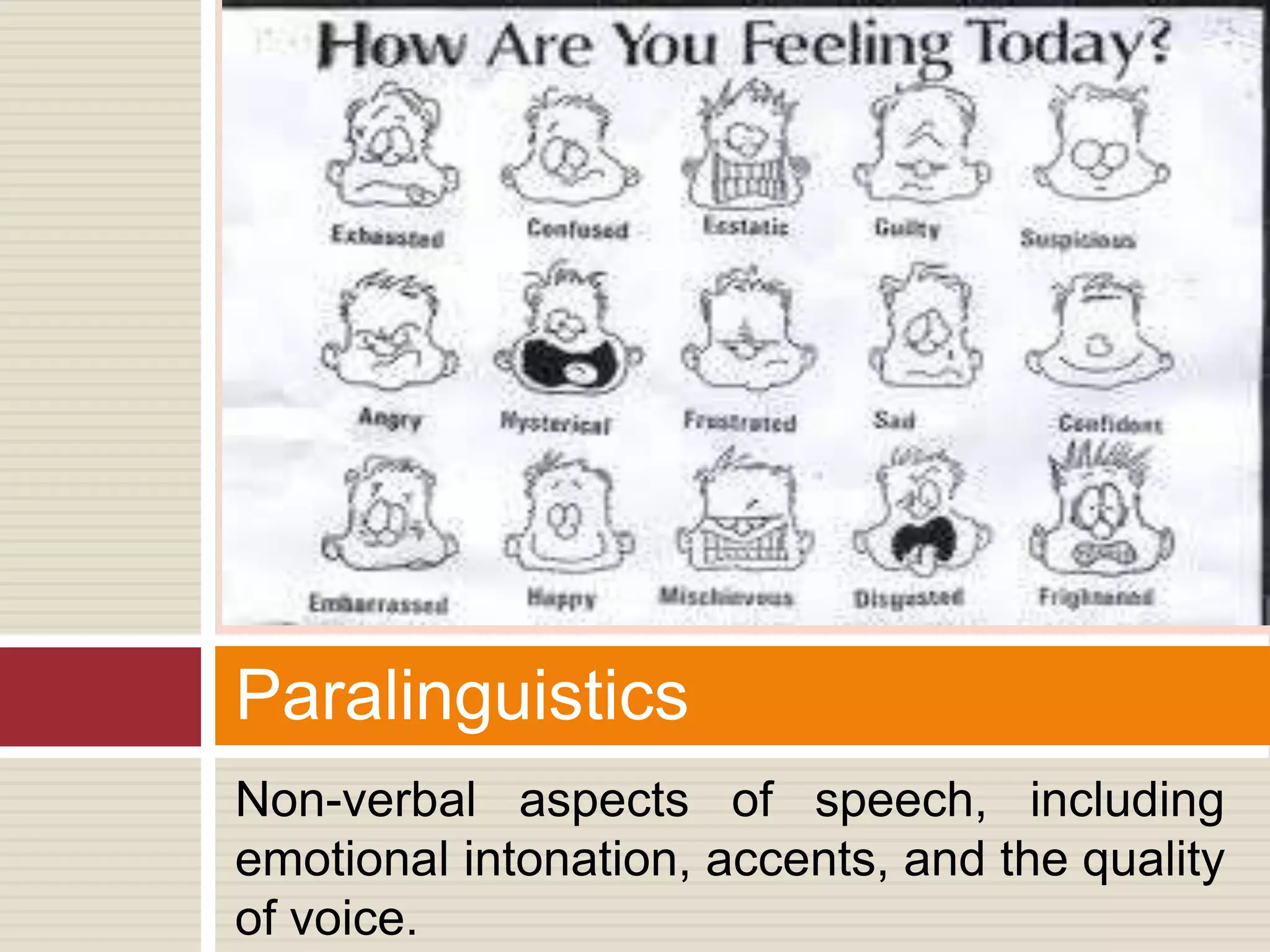 Non-verbal aspects of speech, including
emotional intonation, accents, and the quality
of voice.
Paralinguistics