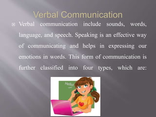  Verbal communication include sounds, words,
language, and speech. Speaking is an effective way
of communicating and helps in expressing our
emotions in words. This form of communication is
further classified into four types, which are:
 