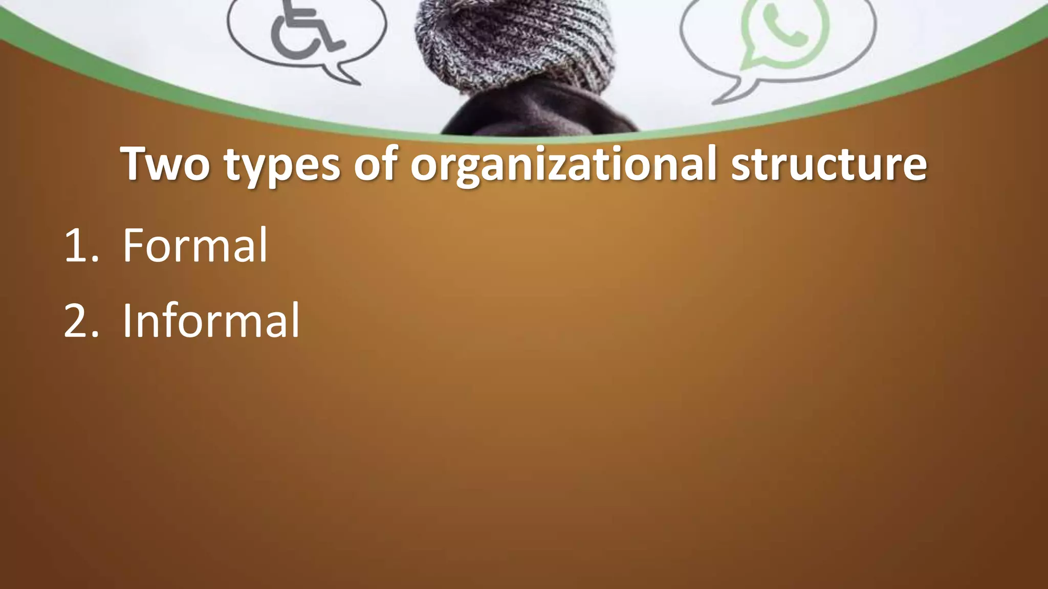 Two types of organizational structure
1. Formal
2. Informal
 