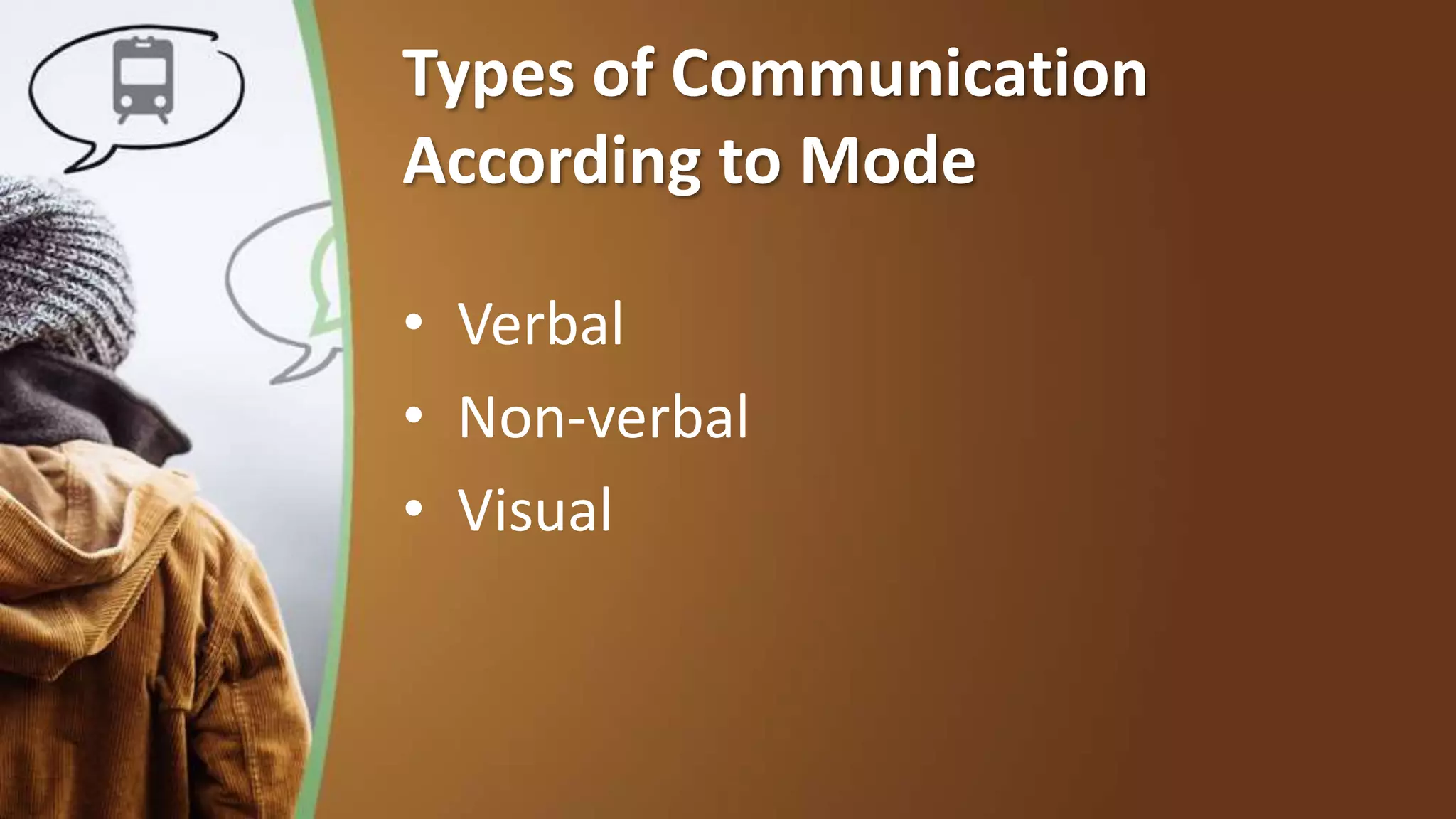 Types of Communication
According to Mode
• Verbal
• Non-verbal
• Visual
 