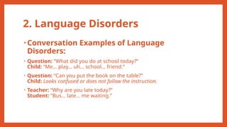 2. Language Disorders
• Conversation Examples of Language
Disorders:
• Question: “What did you do at school today?”
Child: “Me… play… uh… school… friend.”
• Question: “Can you put the book on the table?”
Child: Looks confused or does not follow the instruction.
• Teacher: “Why are you late today?”
Student: “Bus… late… me waiting.”
 