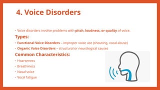 4. Voice Disorders
• Voice disorders involve problems with pitch, loudness, or quality of voice.
Types:
• Functional Voice Disorders – improper voice use (shouting, vocal abuse)
• Organic Voice Disorders – structural or neurological causes
Common Characteristics:
• Hoarseness
• Breathiness
• Nasal voice
• Vocal fatigue
 