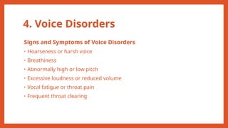 4. Voice Disorders
Signs and Symptoms of Voice Disorders
• Hoarseness or harsh voice
• Breathiness
• Abnormally high or low pitch
• Excessive loudness or reduced volume
• Vocal fatigue or throat pain
• Frequent throat clearing
 