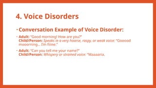 4. Voice Disorders
• Conversation Example of Voice Disorder:
• Adult: “Good morning! How are you?”
Child/Person: Speaks in a very hoarse, raspy, or weak voice: “Gooood
mooorning… I’m fiiine.”
• Adult: “Can you tell me your name?”
Child/Person: Whispery or strained voice: “Maaaaria.
 