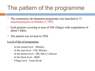 The pattern of the programme
 The community development programme was launched in 55
selected projects on October 2, 1952.
 Each projects covering as area of 300 villages with a population of
about 3 lakhs.
 The pattern was revised in 1958.
Level of the of programme.
 At the central level – Ministry.
 At the state level – CM, Minister.
 At the district level – MP, MLA, Collector.
 At the block level – BDO.
 Village level – Gram Sevak
 