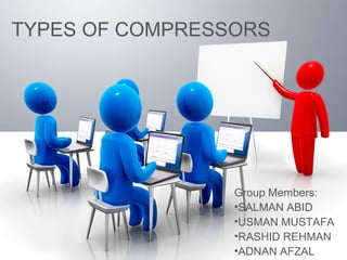 TYPES OF COMPRESSORS
Group Members:
•SALMAN ABID
•USMAN MUSTAFA
•RASHID REHMAN
•ADNAN AFZAL
 