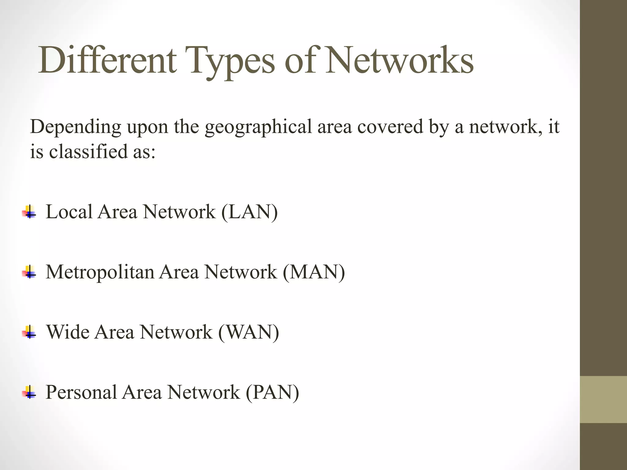 Different Types of Networks
Depending upon the geographical area covered by a network, it
is classified as:
Local Area Network (LAN)
Metropolitan Area Network (MAN)
Wide Area Network (WAN)
Personal Area Network (PAN)
 