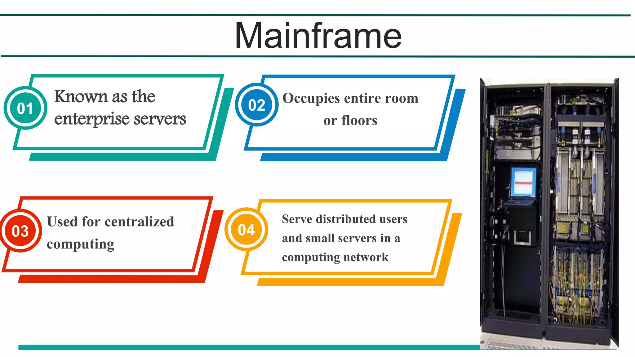 Mainframe
Known as the
enterprise servers
01
Used for centralized
computing
03
Occupies entire room
or floors
02
Serve distributed users
and small servers in a
computing network
04
 