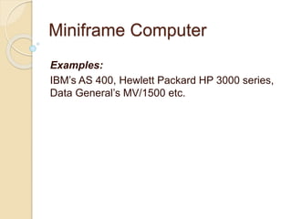 Miniframe Computer
Examples:
IBM’s AS 400, Hewlett Packard HP 3000 series,
Data General’s MV/1500 etc.
 