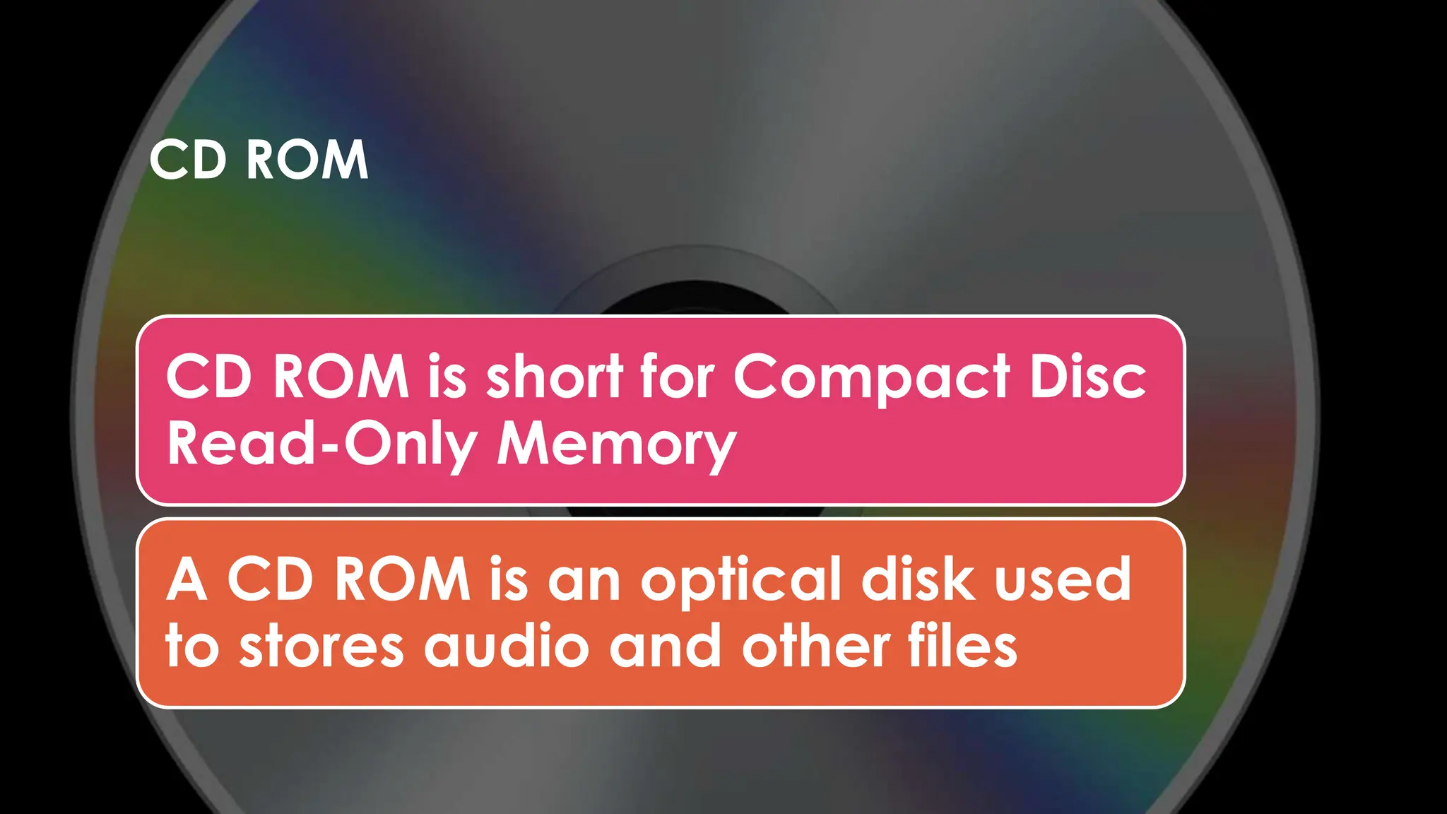 Enter your name here
Enter subject & grade level here
CD ROM
CD ROM is short for Compact Disc
Read-Only Memory
A CD ROM is an optical disk used
to stores audio and other files
 