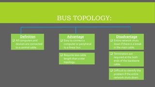 BUS TOPOLOGY:
Definition
 All computers and
devices are connected
to a central cable.
Advantage
 Easy to connect a
computer or peripheral
to a linear bus
 Requires less cable
length than a star
topology.
Disadvantage
 Entire network shuts
down if there is a break
in the main cable.
 Terminators are
required at the both
ends of the backbone
cable.
 Difficult to identify the
problem if the entire
network shuts down.
 
