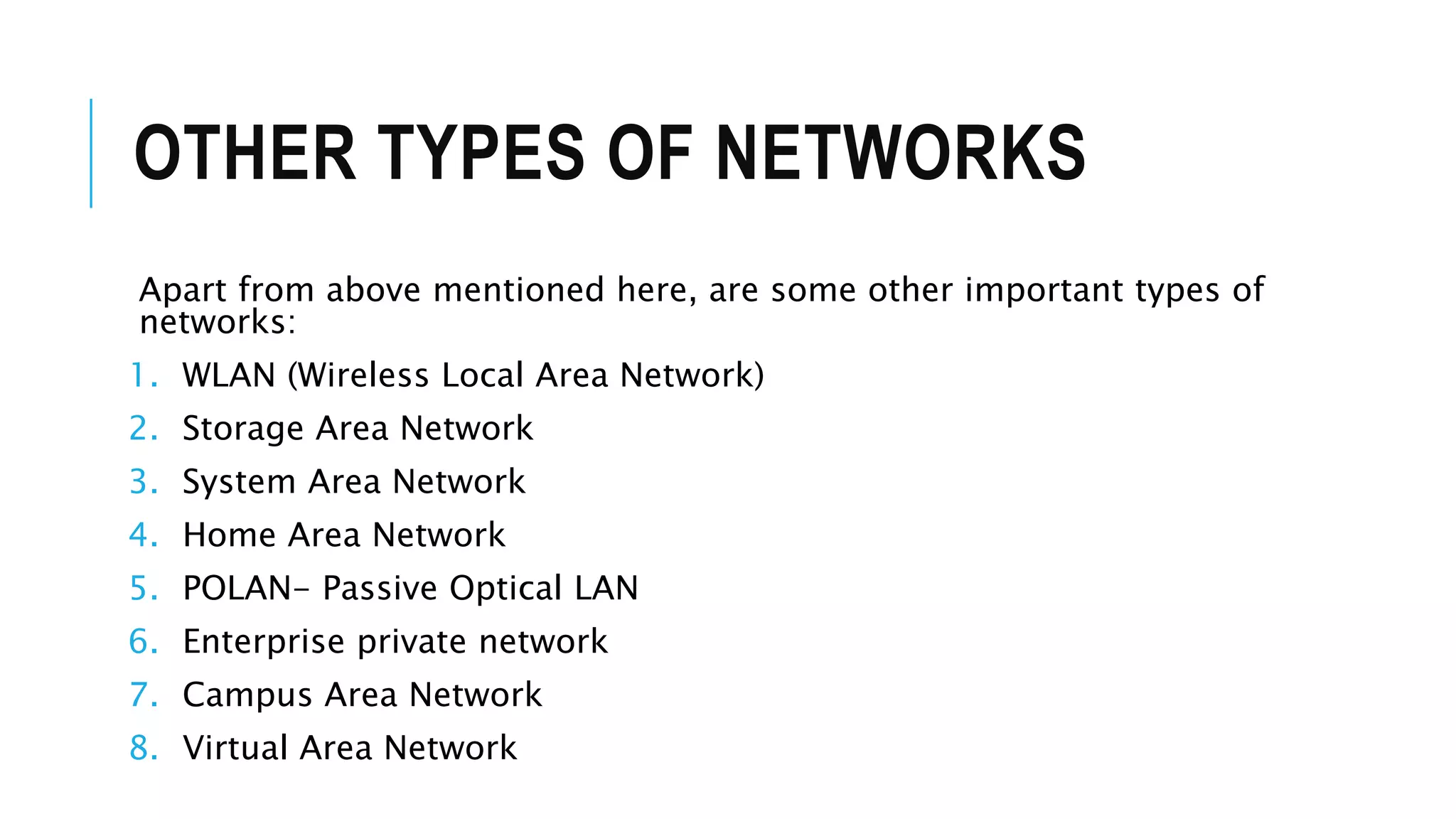 OTHER TYPES OF NETWORKS
Apart from above mentioned here, are some other important types of
networks:
1. WLAN (Wireless Local Area Network)
2. Storage Area Network
3. System Area Network
4. Home Area Network
5. POLAN- Passive Optical LAN
6. Enterprise private network
7. Campus Area Network
8. Virtual Area Network
 