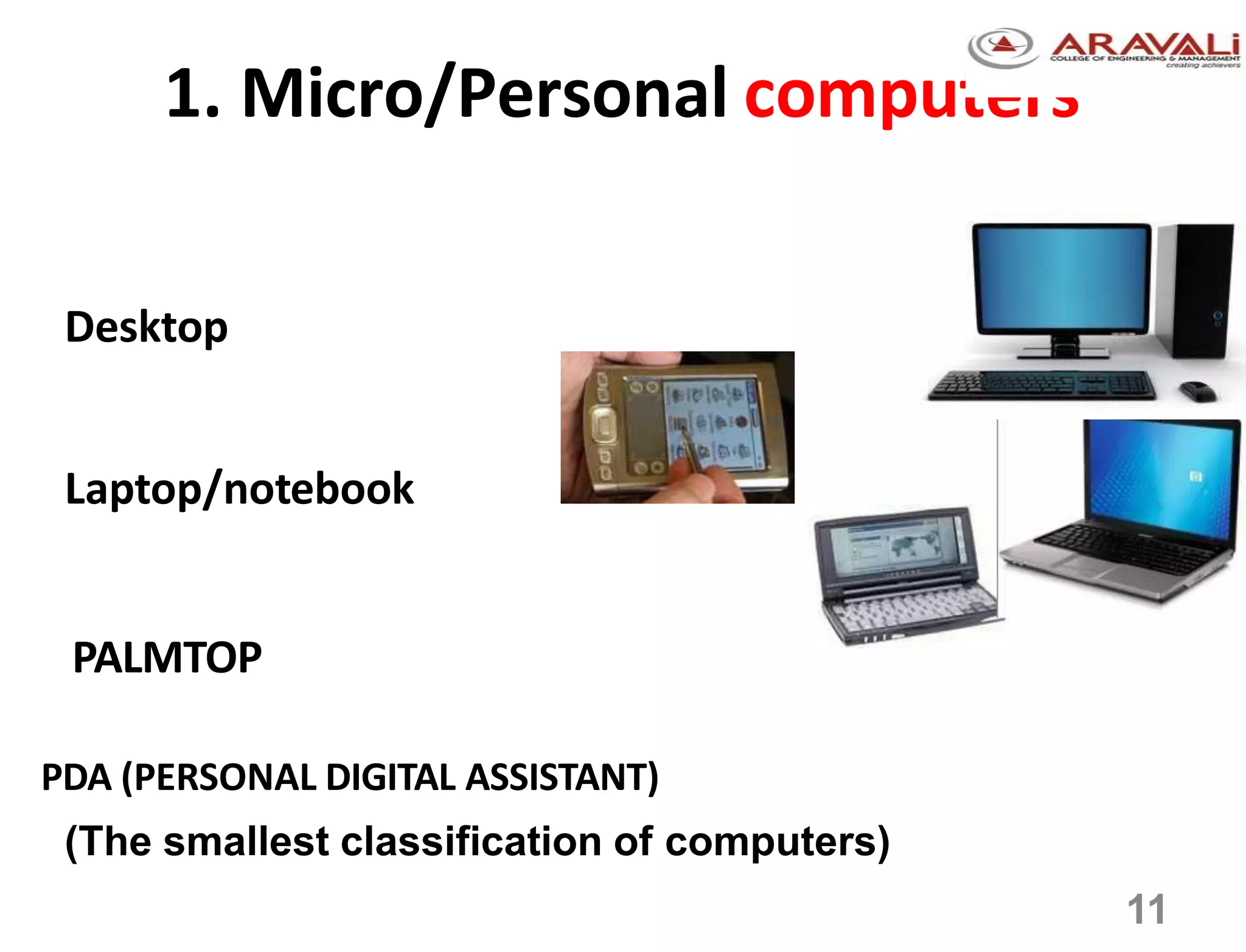 1. Micro/Personal computers
Desktop
Laptop/notebook
PALMTOP
PDA (PERSONAL DIGITAL ASSISTANT)
(The smallest classification of computers)
11
 