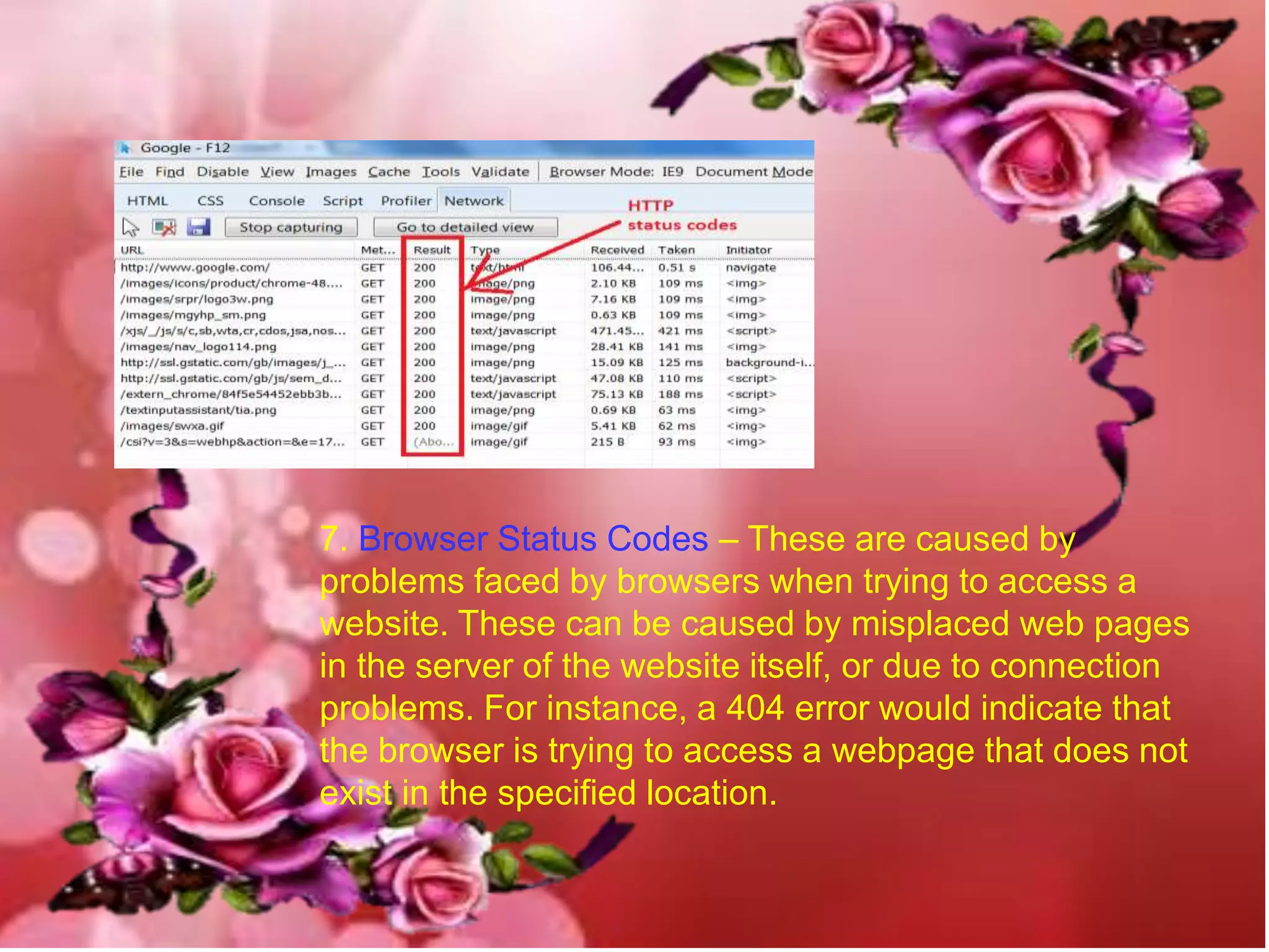 7. Browser Status Codes – These are caused by
problems faced by browsers when trying to access a
website. These can be caused by misplaced web pages
in the server of the website itself, or due to connection
problems. For instance, a 404 error would indicate that
the browser is trying to access a webpage that does not
exist in the specified location.
 