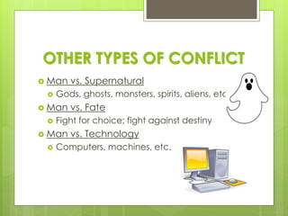 OTHER TYPES OF CONFLICT
 Man vs. Supernatural
 Gods, ghosts, monsters, spirits, aliens, etc.
 Man vs. Fate
 Fight for ...