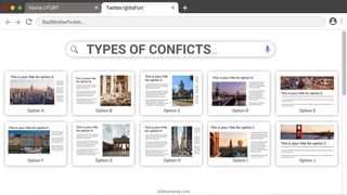 SLIDESMANIA.COM
slidesmania.com
TYPES OF CONFICTS...
Twitter/@ItsFort
BadMotherfvcker…
Home I FORT
Option A Option B Option C Option D Option E
Option F Option G Option H Option I Option J
 