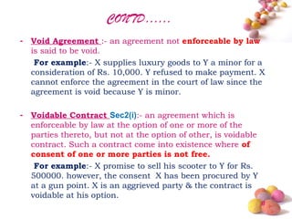 CONTD……
- Void Agreement :- an agreement not enforceable by law
  is said to be void.
   For example:- X supplies luxury goods to Y a minor for a
  consideration of Rs. 10,000. Y refused to make payment. X
  cannot enforce the agreement in the court of law since the
  agreement is void because Y is minor.

- Voidable Contract Sec2(i):- an agreement which is
  enforceable by law at the option of one or more of the
  parties thereto, but not at the option of other, is voidable
  contract. Such a contract come into existence where of
  consent of one or more parties is not free.
   For example:- X promise to sell his scooter to Y for Rs.
  500000. however, the consent X has been procured by Y
  at a gun point. X is an aggrieved party & the contract is
  voidable at his option.
                                                                 #
 