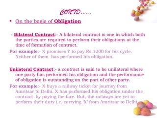 CONTD…..
• On the basis of Obligation

- Bilateral Contract:- A bilateral contract is one in which both
  the parties are required to perform their obligations at the
  time of formation of contract.
For example:- X promises Y to pay Rs.1200 for his cycle.
  Neither of them has performed his obligation.

Unilateral Contract:- a contract is said to be unilateral where
  one party has performed his obligation and the performance
  of obligation is outstanding on the part of other party.
For example:- X buys a railway ticket for journey from
  Amritsar to Delhi. X has performed his obligation under the
  contract by paying the fare. But, the railways are yet to
  perform their duty i.e. carrying ‘X’ from Amritsar to Delhi.
                                                             #
 