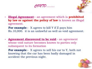 #
CONTD……
- Illegal Agreement:- an agreement which is prohibited
by law or against the policy of law is known as illegal
a...